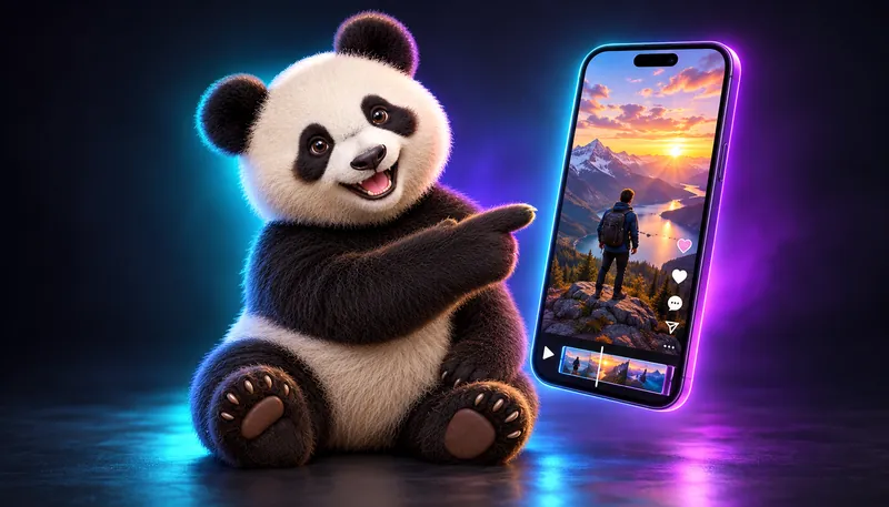 The Reelsmith panda pointing at a finished reel on a phone